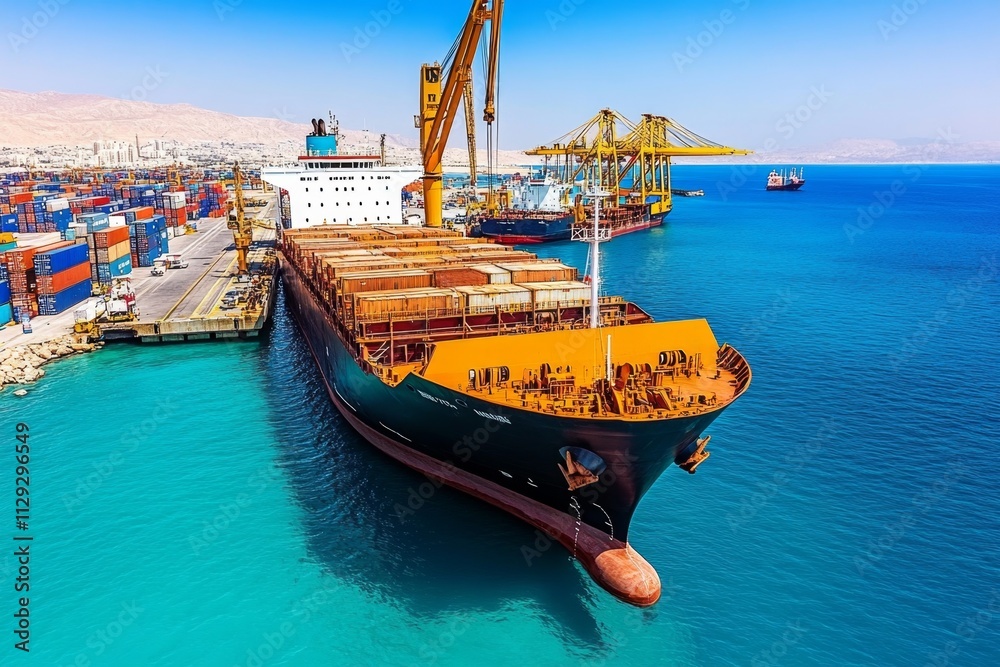 Obraz premium A vibrant image of Eilat bustling port, with cargo ships, cranes, and clear blue skies representing the city trade hub