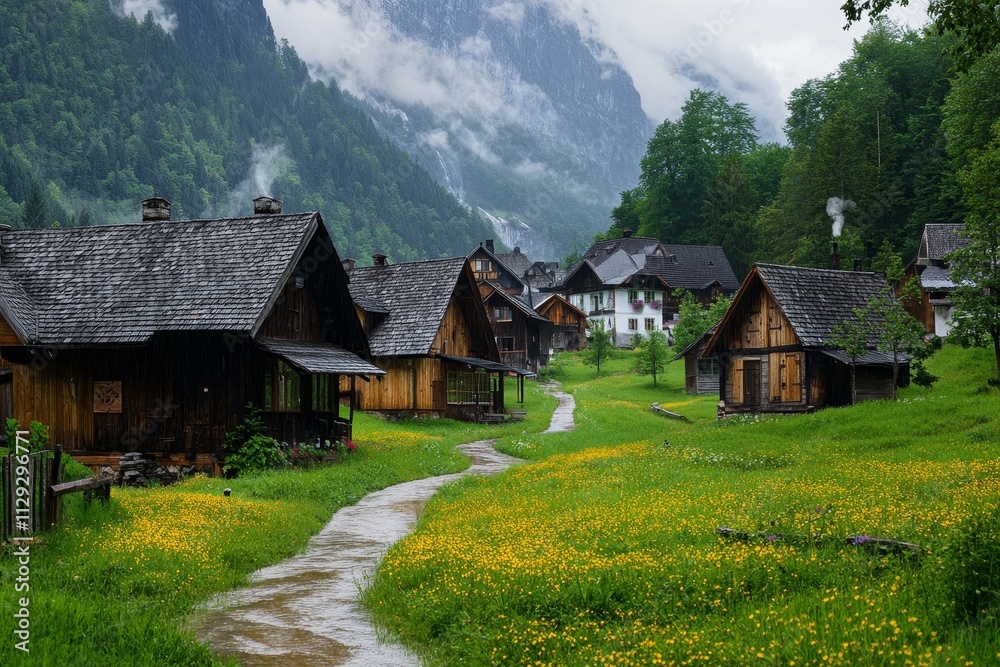 Charming village nestled in a rain-soaked valley, surrounded by lush greenery and majestic mountains. Charming village nestled in a rain-soaked valley, surrounded by lush greenery and majestic mountains.