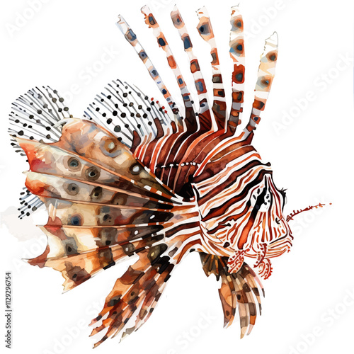 A watercolor painting of a Lionfish, swimming in the ocean. Lionfish vector.