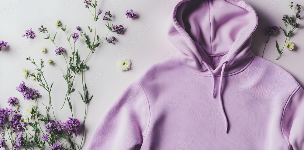 Hoodie Mockup - A pastel purple hoodie surrounded by delicate flowers on a light background. Hoodie Mockup - A pastel purple hoodie surrounded by delicate flowers on a light background.