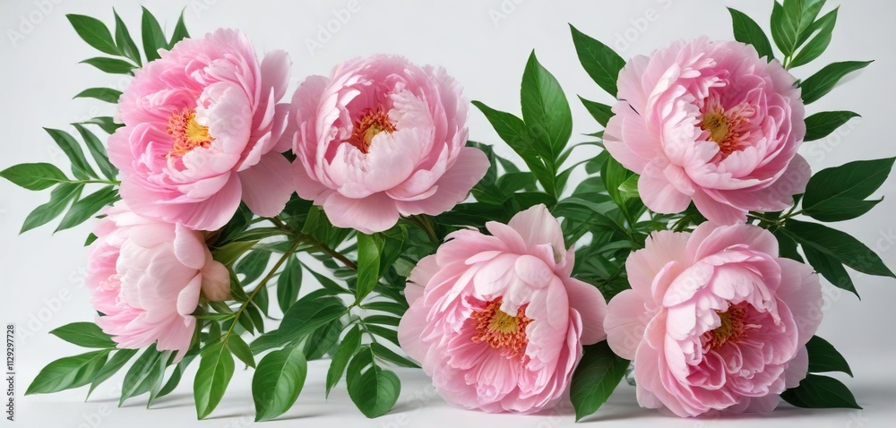 Pink peonies with green leaves on white background, summer, Floral, romantic, delicate Pink peonies with green leaves on white background, summer, Floral, romantic, delicate