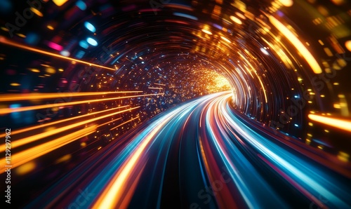 Vibrant light streaks through a glowing tunnel.