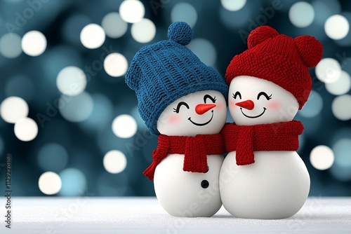 A winter scene of a couple building a snowman together, their cheeks rosy from the cold and laughter photo