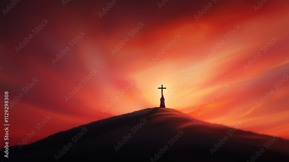 Cross on Hilltop at Sunset with Halo Effect and Crown of Thorns Cross on Hilltop at Sunset with Halo Effect and Crown of Thorns