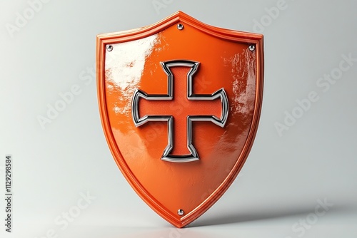 A detailed 3D render showcasing an orange shield with a first aid cross, highlighted by soft lighting and shadow effects, set against a gradient background.