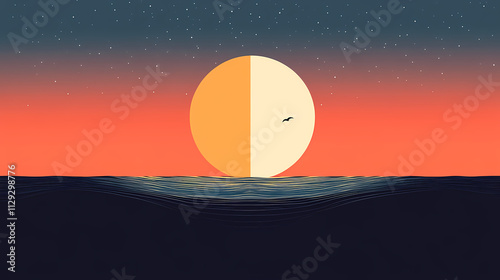 Simple minimalist design of a horizon divided into day and night, representing dualism in nature. Horizon. Illustration photo