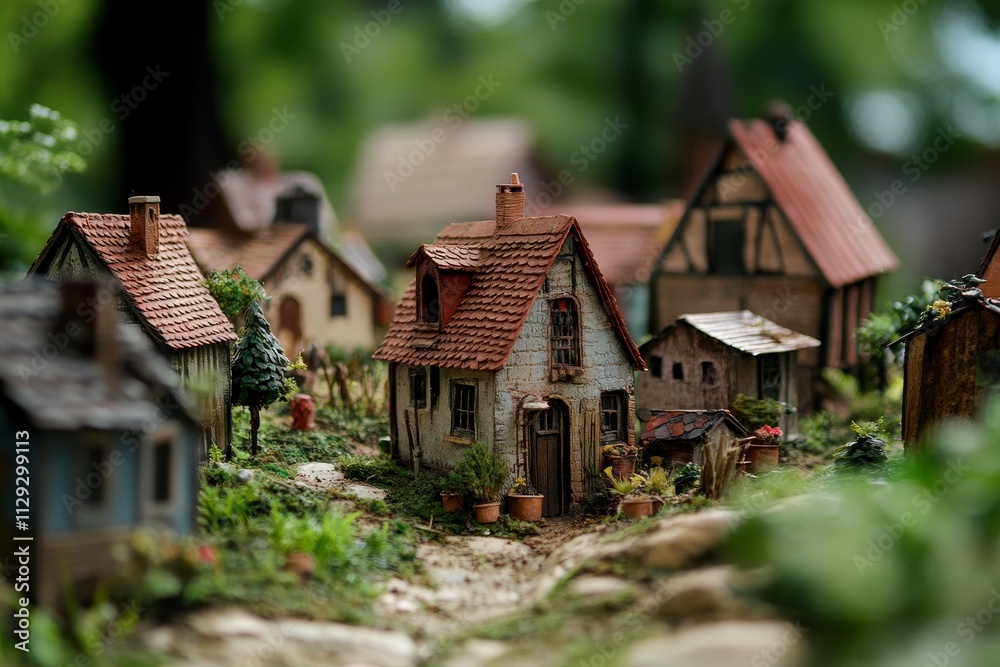 Miniature village scene with quaint houses, plants, and a dirt path. Miniature village scene with quaint houses, plants, and a dirt path.