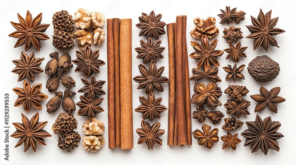 Top view of star anise seeds and cinnamon sticks isolated on a white background mo Top view of star anise seeds and cinnamon sticks isolated on a white background mo