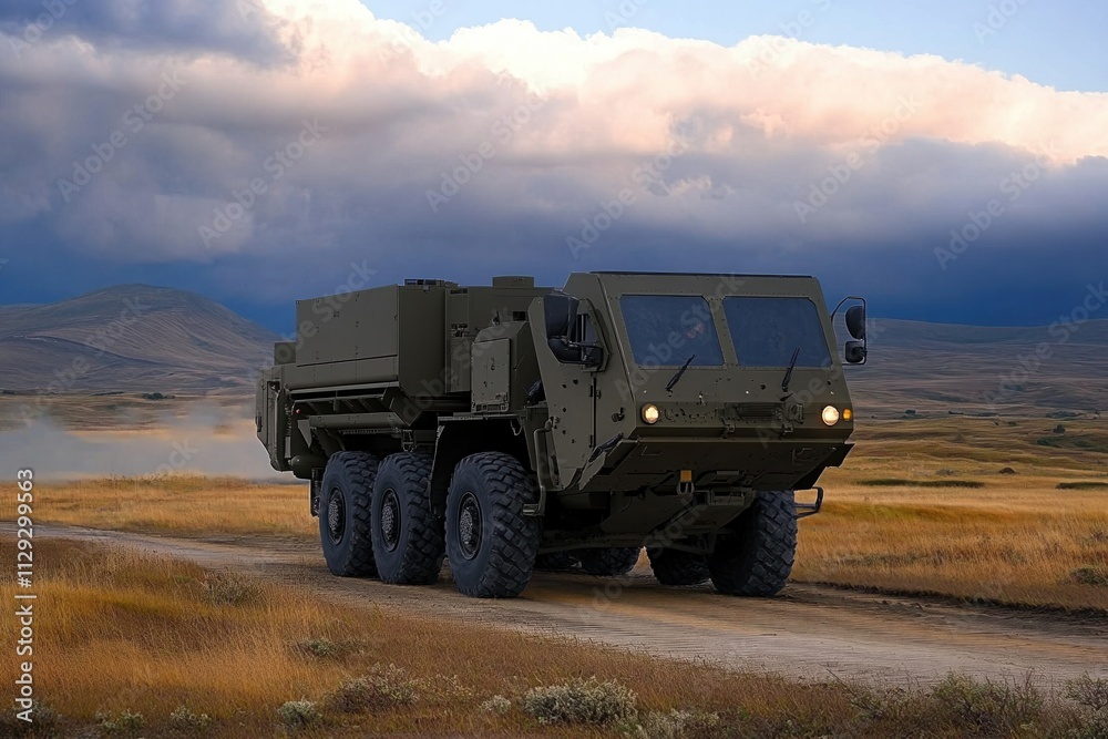 High Mobility Artillery Rocket System on a remote dirt road near a lake under a cloudy sky at sunset High Mobility Artillery Rocket System on a remote dirt road near a lake under a cloudy sky at sunset