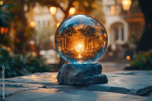 A mystical crystal ball sits atop a rugged rock, ready for divination and insight photo