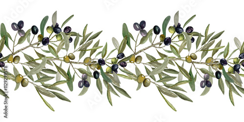 Olive branch seamless border. Hand drawn watercolor illustration. Green and black olive berries, leaves and twigs. photo