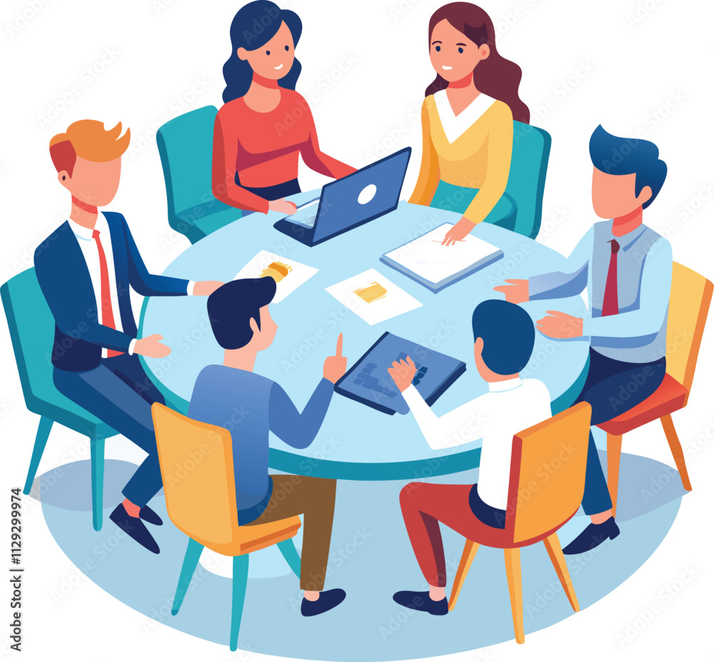 Partners meeting for business discussion with documents and laptop on desk. Couple at round table, speaking, discussing work, partnership. Flat vector on a white background Partners meeting for business discussion with documents and laptop on desk. Couple at round table, speaking, discussing work, partnership. Flat vector on a white background