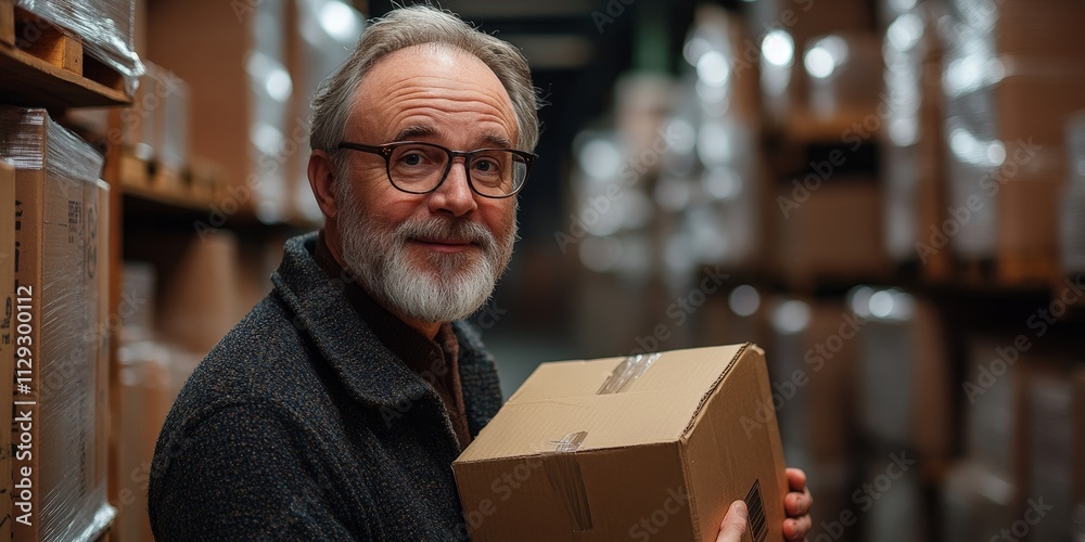 Smiling Man Packing Boxes in a Distribution Warehouse Smiling Man Packing Boxes in a Distribution Warehouse