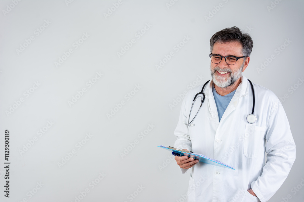 Portrait of confident mature doctor on white background. medicine, pharmacy and healthcare concept - smiling senior male doctor or pharmacist in white coat with stethoscope and clipboard Portrait of confident mature doctor on white background. medicine, pharmacy and healthcare concept - smiling senior male doctor or pharmacist in white coat with stethoscope and clipboard