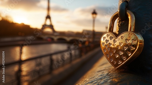 Golden love lock with engraved hearts on bridge in Paris, sunset lighting, romantic atmosphere, soft bokeh