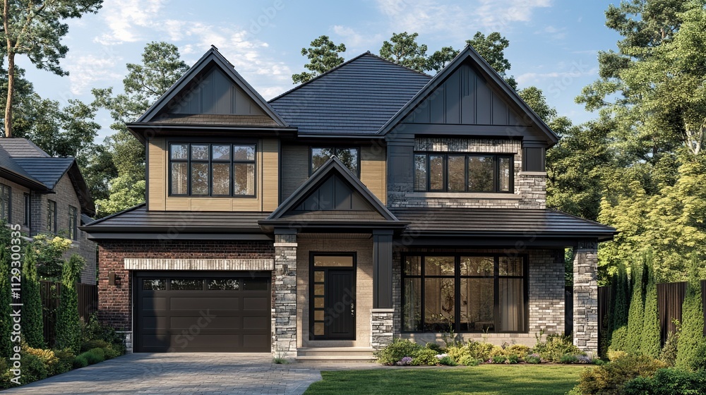The faÃ§ade of a luxurious home with a double garage and siding and brick accents. 