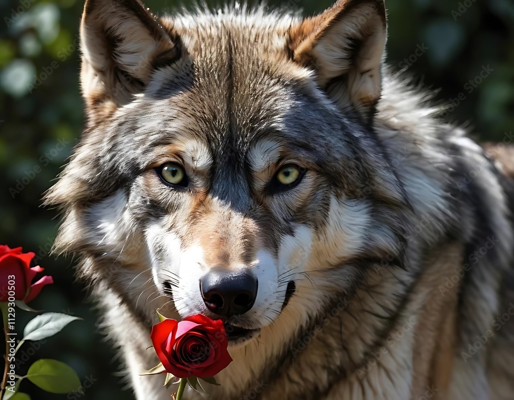 Fototapeta premium Wolf Holding a Red Rose in Soft Romantic Setting