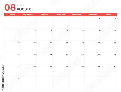 Calendário 2025. A semana do calendário 2025 começa no domingo. Calendário corporativo minimalista para Agosto 2025