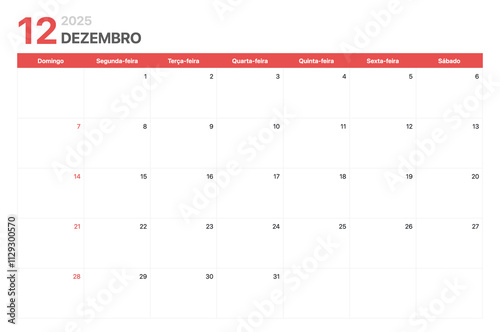 Calendário 2025. A semana do calendário 2025 começa no domingo. Calendário corporativo minimalista para Dezembro 2025 photo