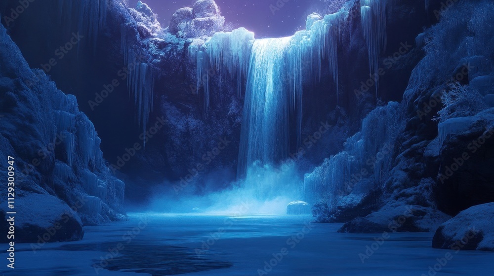 A frozen waterfall with ice hanging from it. The waterfall is surrounded by snow and ice, creating a serene and peaceful atmosphere. The blue color of the water A frozen waterfall with ice hanging from it. The waterfall is surrounded by snow and ice, creating a serene and peaceful atmosphere. The blue color of the water
