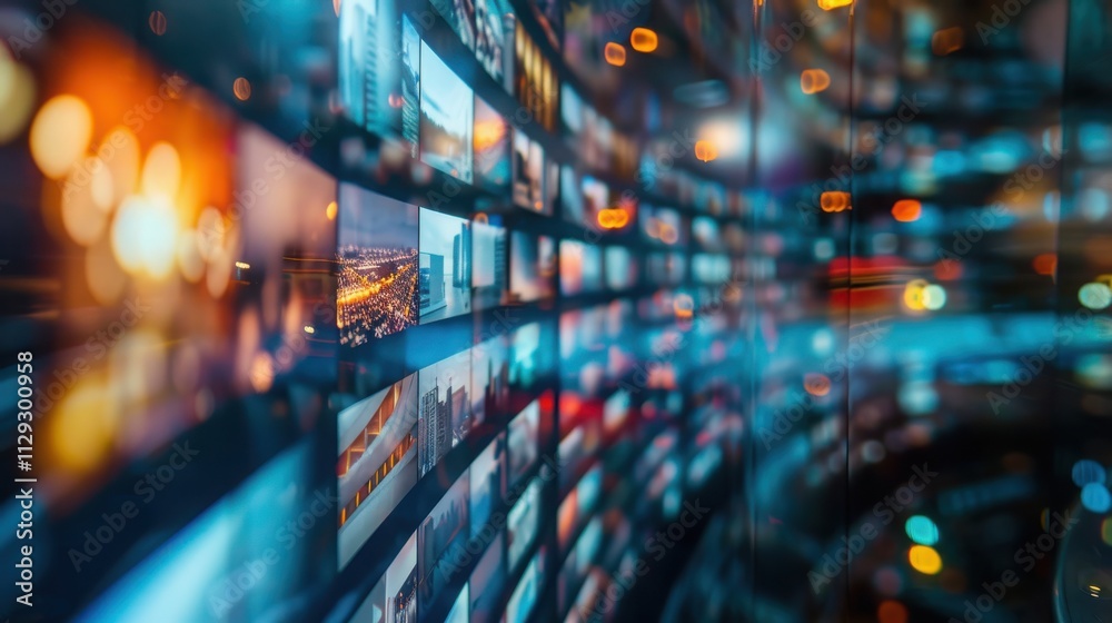 A Wall Of Numerous Blurred Digital Screens Displaying Various Images A Wall Of Numerous Blurred Digital Screens Displaying Various Images