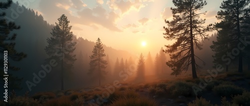 Mediterranean pine trees in a mountain forest at dawn