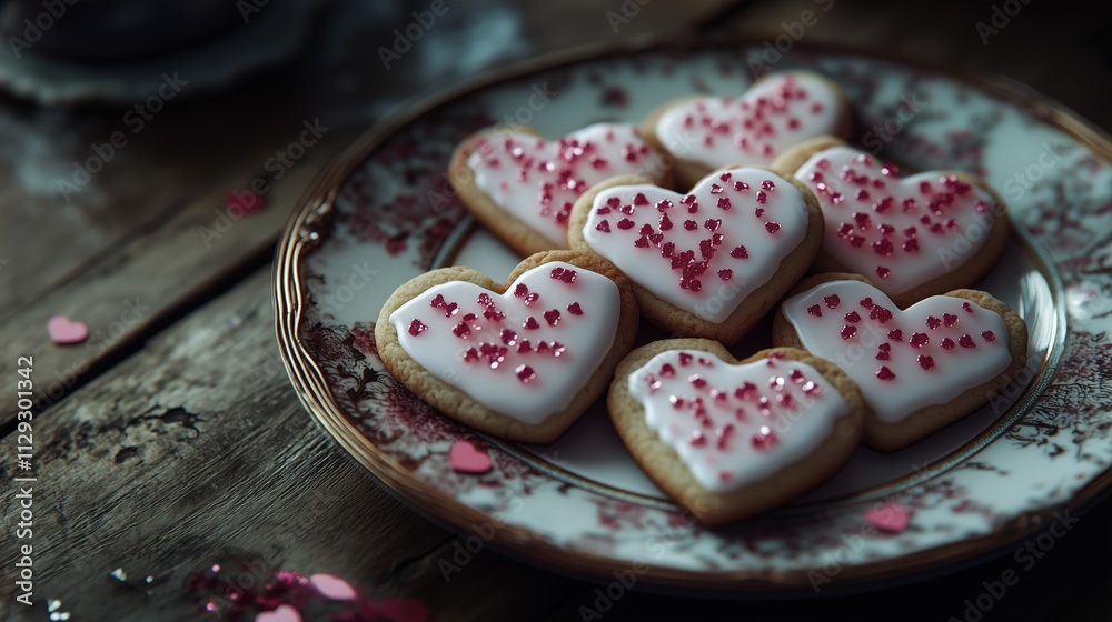 Heart-shaped sugar cookies decorated with pink and white royal icing, red sprinkles, and edible glitter on a vintage porcelain plate Heart-shaped sugar cookies decorated with pink and white royal icing, red sprinkles, and edible glitter on a vintage porcelain plate