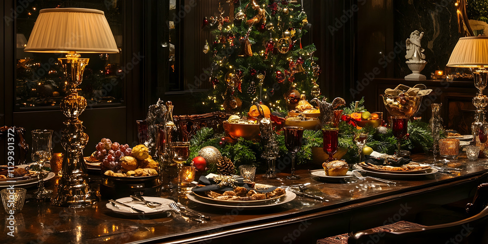 Festive dining table set for a Christmas feast, adorned with holiday decorations and delicious food . high quality image Festive dining table set for a Christmas feast, adorned with holiday decorations and delicious food . high quality image
