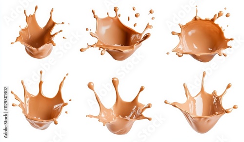 Six variations of a light brown liquid splash isolated on white background. photo