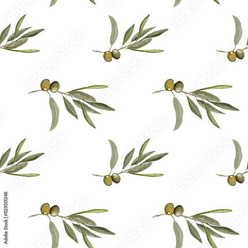 Olive branch seamless pattern. Hand drawn watercolor illustration. Green and black olive berries, leaves and twigs