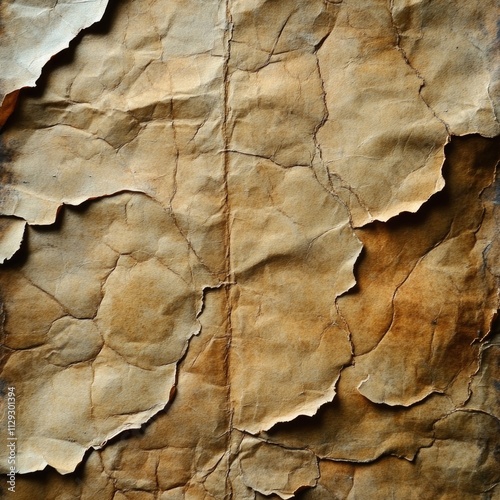 A close-up shot of a peeling piece of paper with torn edges and worn surface