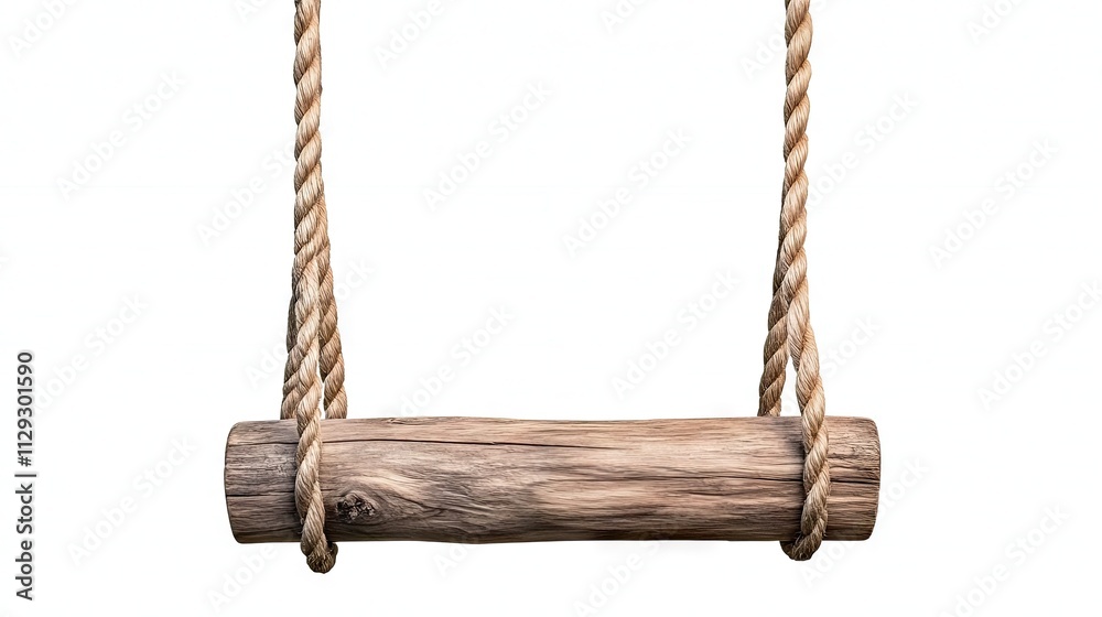A beautifully crafted wooden rope swing features a round log seat and sturdy ropes. This minimalistic design is set against a white background, perfect for various creative projects A beautifully crafted wooden rope swing features a round log seat and sturdy ropes. This minimalistic design is set against a white background, perfect for various creative projects