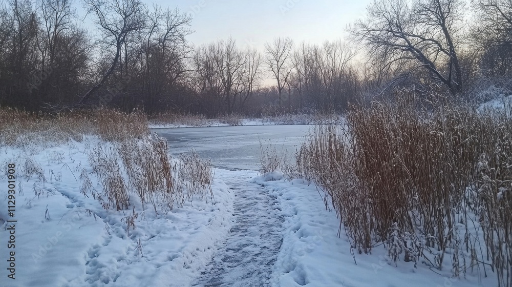A snowy path leads to a frozen lake. The trees are bare and the sky is a light blue. The scene is peaceful and serene A snowy path leads to a frozen lake. The trees are bare and the sky is a light blue. The scene is peaceful and serene