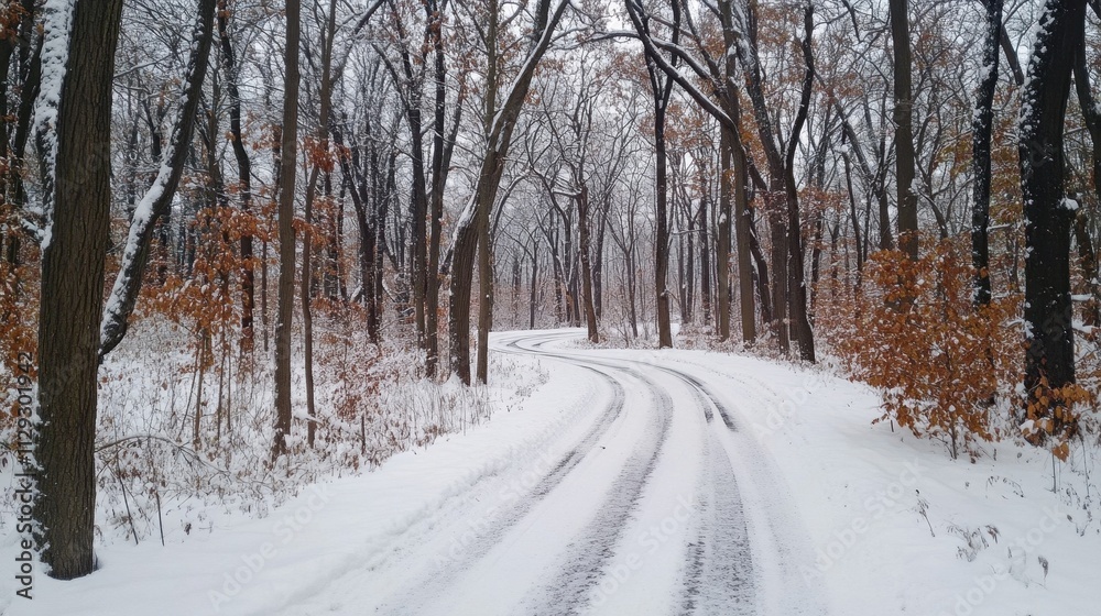 A snowy road with trees in the background. The road is covered in snow and the trees are bare. The scene is peaceful and serene A snowy road with trees in the background. The road is covered in snow and the trees are bare. The scene is peaceful and serene