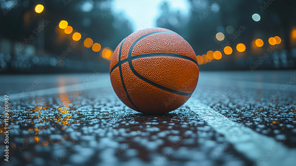 Basketball lying on wet asphalt at night under city lights Basketball lying on wet asphalt at night under city lights