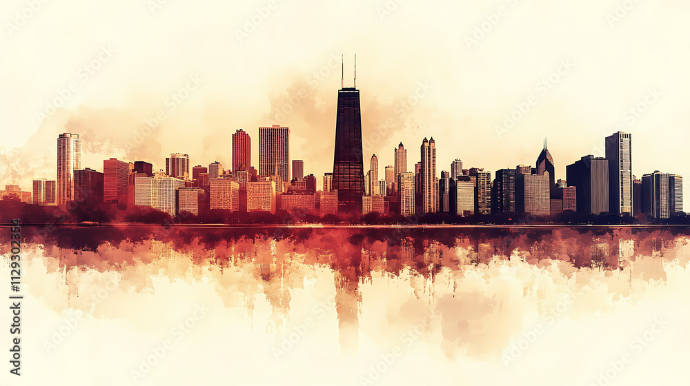 Naklejka premium Minimalist chicago skyline in grunge style with reflection. Horizon. Illustration
