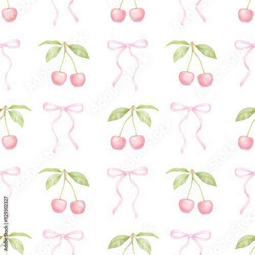 Cherries, bows. Watercolor seamless pattern in pastel colors for textiles and wrapping paper. Cute children's illustration