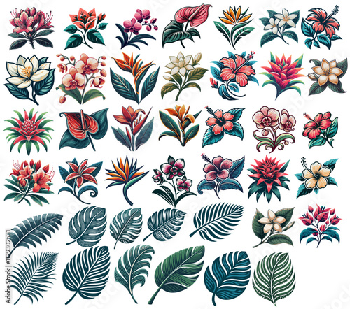 tropical flowersTropical Flowers Leaves Vector Isolated Designs: Strelitzia, Canna, Hibiscus, Jasmine, Orchids and leaves
