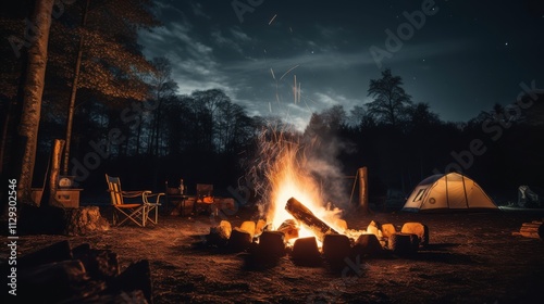 Nighttime Campfire Scene with Tent and Camp Chairs