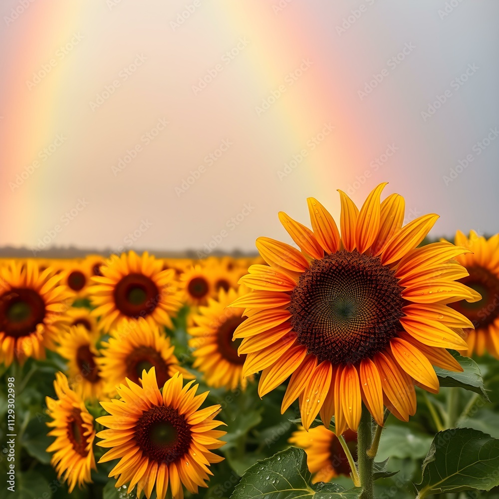 Obraz premium A vibrant rainbow arching over a sunflower field after a light spring rain, with dewdrops sparkling on the petals