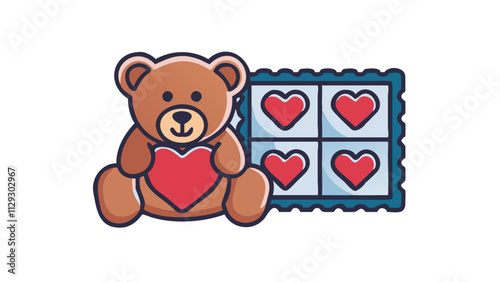 Cute teddy bear holding a heart next to heart-themed stamp, playful illustration on transparent background