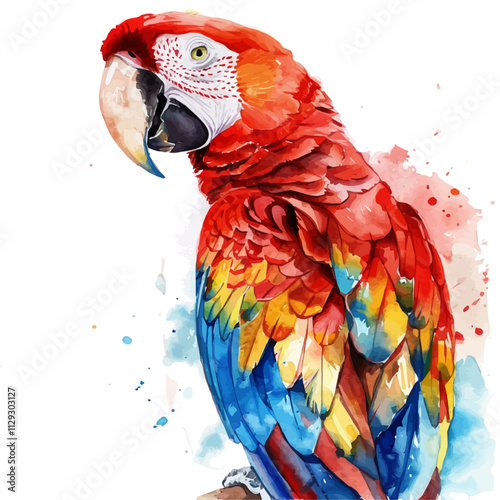 A watercolor drawing of a macaw, isolated on a white background. Macaw vector.