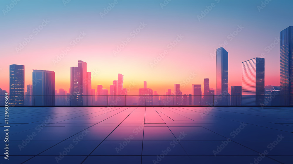 Modern rooftop overlooking the city at sunset, empty space with panoramic urban office buildings, glowing horizon. Horizon. Illustration Modern rooftop overlooking the city at sunset, empty space with panoramic urban office buildings, glowing horizon. Horizon. Illustration