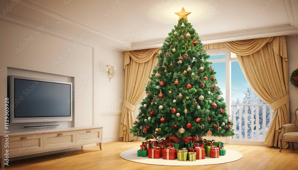 Christmas Tree With Baubles And Blurred Shiny Lights Christmas Tree With Baubles And Blurred Shiny Lights