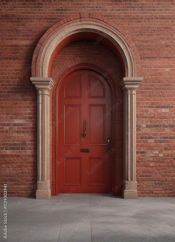 Red brick wall with arched doorway and decorative architraves, classical, entrance, building feature Red brick wall with arched doorway and decorative architraves, classical, entrance, building feature