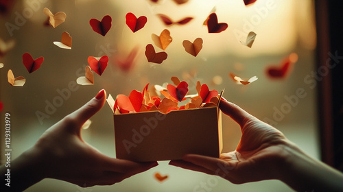 Hands opening a minimalist kraft paper box, from which vibrant red and gold paper hearts gracefully emerge, resembling butterflies in flight.  Romantic, Valentine's Day, love, dating, wedding. Banner photo