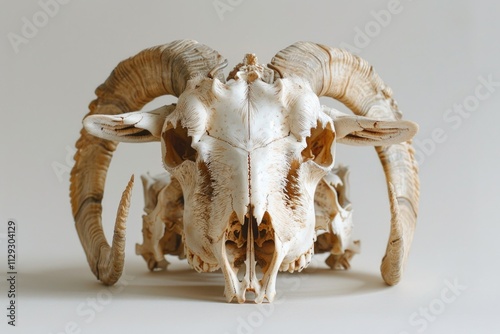 A ram's skull with distinctive horns on a white background photo