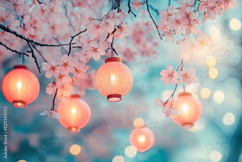 A pastel - hued illustration of cherry blossoms and lanterns in a peaceful, artistic composition photo