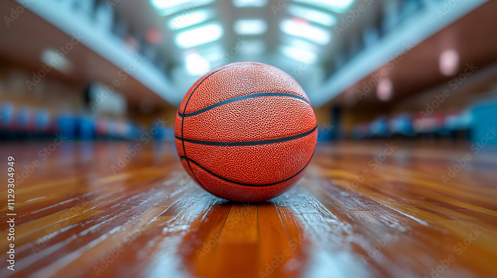 Basketball ball lying on wooden court floor in modern arena Basketball ball lying on wooden court floor in modern arena