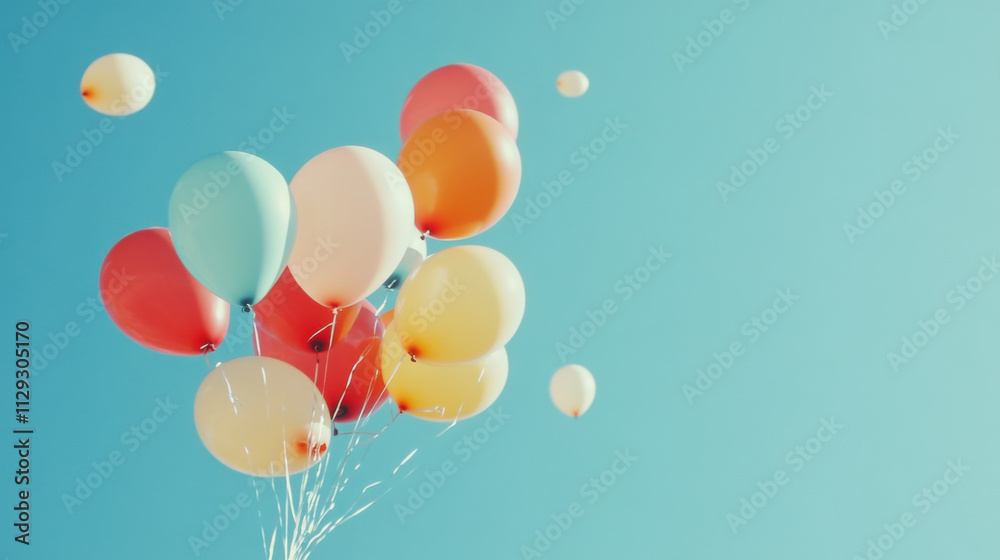 Colorful Balloons Floating Against a Clear Sky in Bright Sunshine, Perfect for Celebrations, Parties, and Joyous Events Highlighting Cheerful Vibes and Happiness Colorful Balloons Floating Against a Clear Sky in Bright Sunshine, Perfect for Celebrations, Parties, and Joyous Events Highlighting Cheerful Vibes and Happiness
